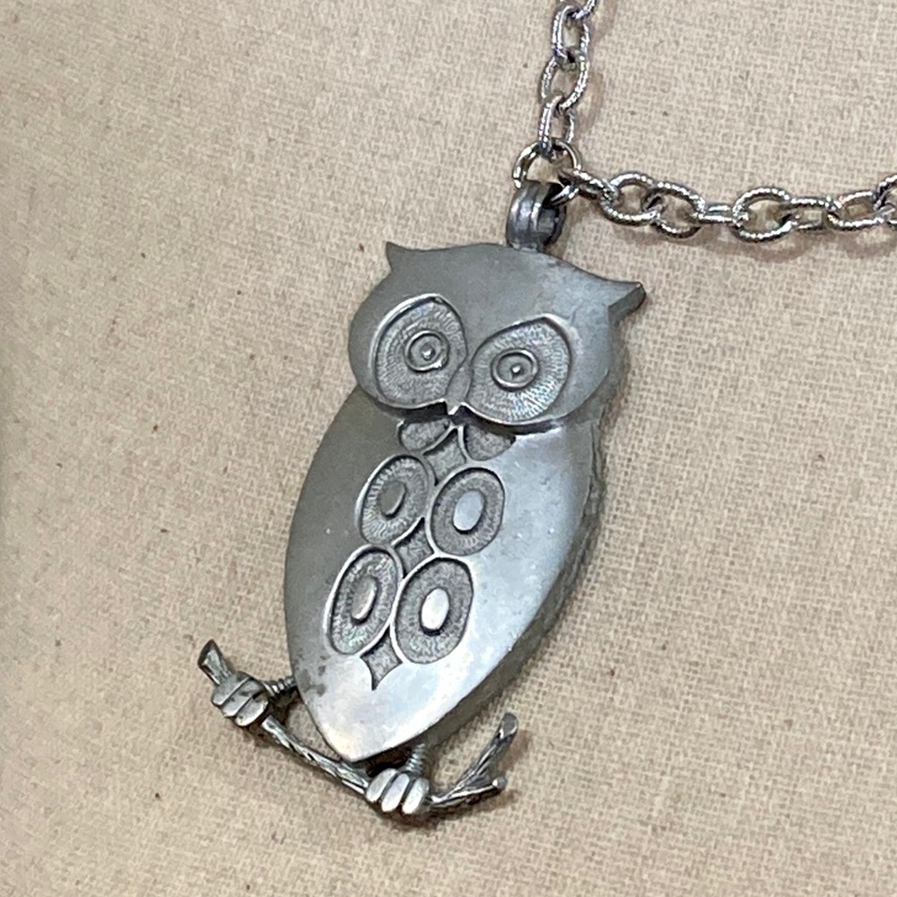 Vintage Silver Owl Large Pendant Silver Curb Chain